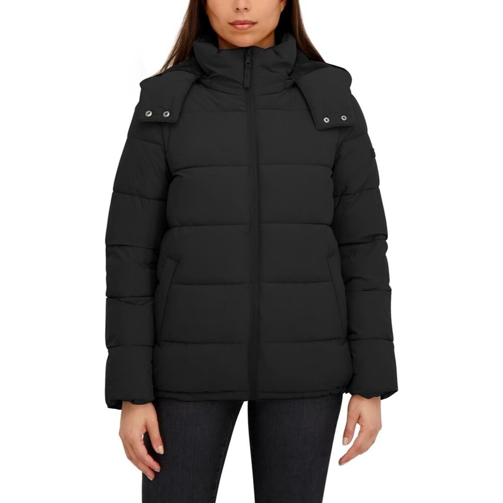 HFX Women's Mid Weight Stretch Puffer Jacket Faux Fur Hood Black Medium NWT